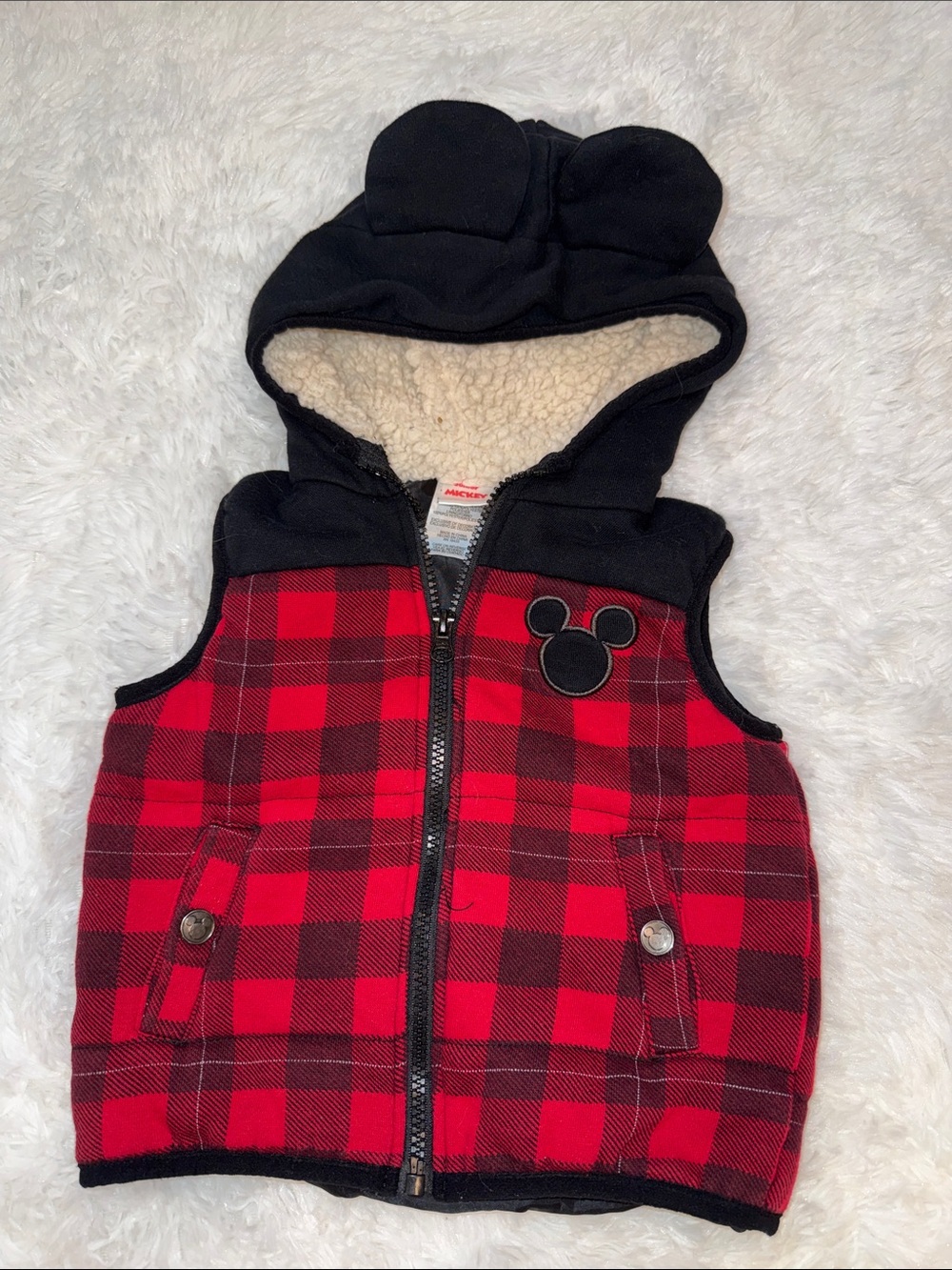 Disney Red and Black Buffalo Plaid Hooded Vest with Ear Hood